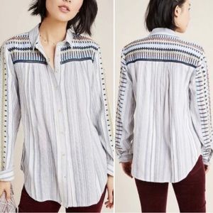 Pilcro Anthropologie M Cotton Striped Embroidered Button Down Blouse